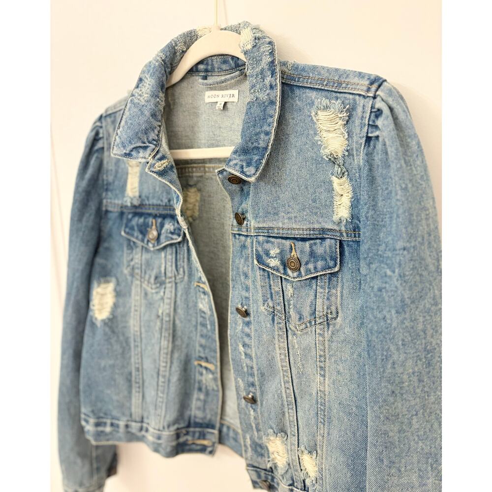 Puff Sleeve Distressed Denim Jacket - Medium - Moon River